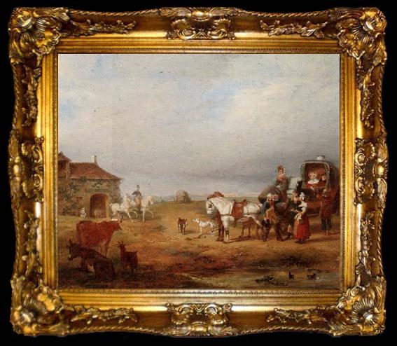 framed  unknow artist An open landscape with a horse and carriage halted beside a pond,with anmals and innnearby, ta009-2